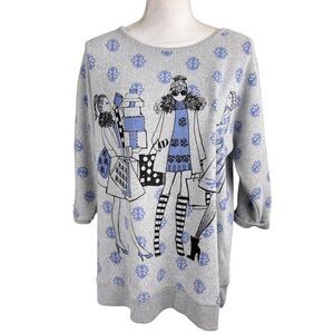 Fleece Novelty Print Fashionista Shopping Shirt Large Gray Blue Holiday